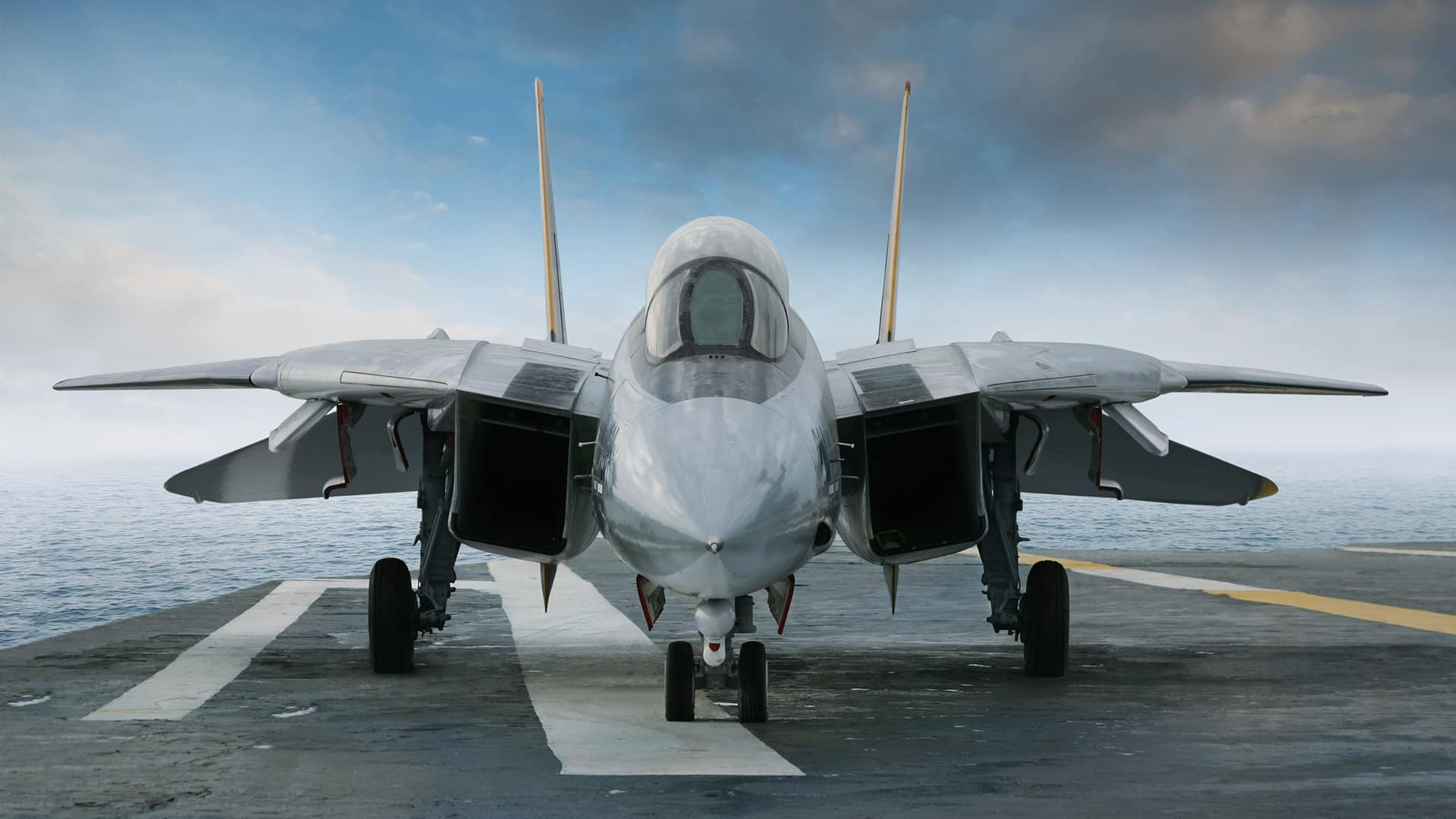 F 14 Jet Fighter On An Aircraft Carrier Deck Viewed From Front